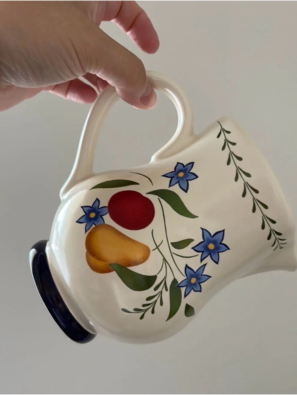 Vintage Cream Ceramic Pitcher with Blue Flowers and Red & Yellow Fruit